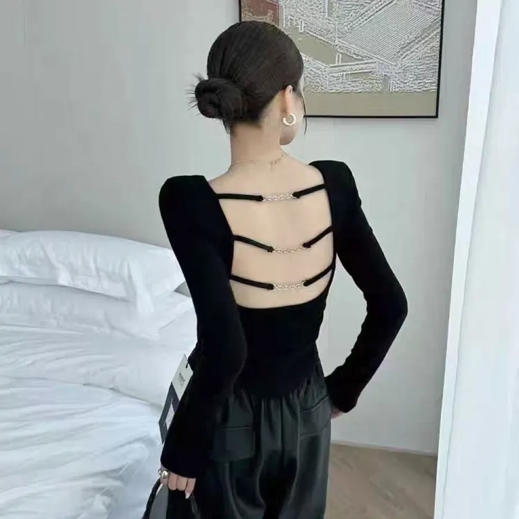 大码女装U领露背收腰设计感棉长袖胖mm时尚显瘦性感露背打底衫