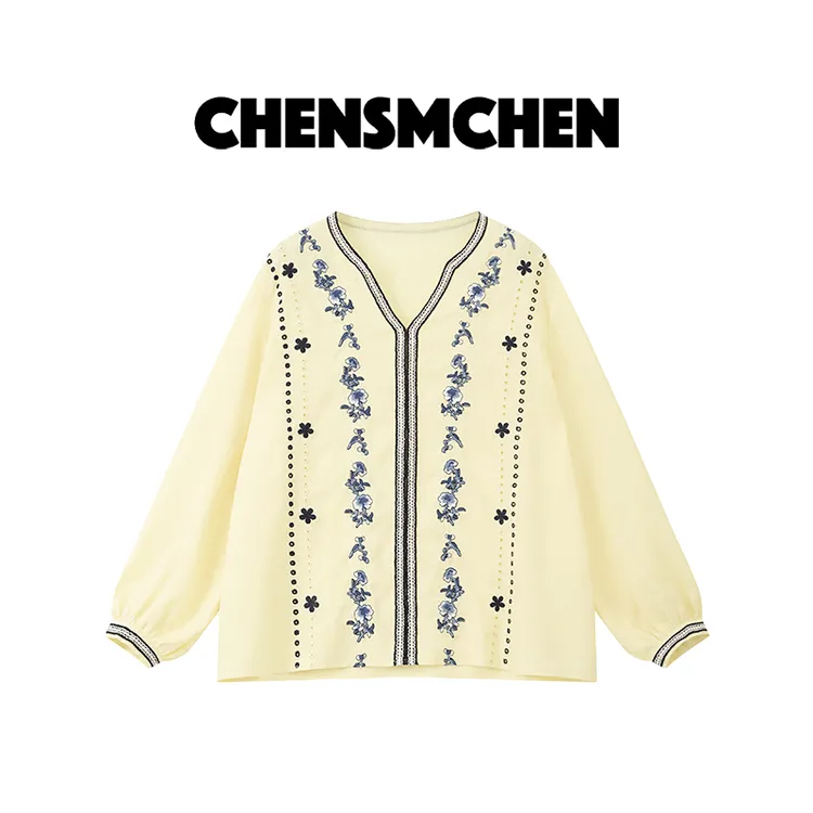 CHENSMCHEN 100亚麻复古V领刺绣衬衫女时尚宽松显瘦衬衣CSC5804RH