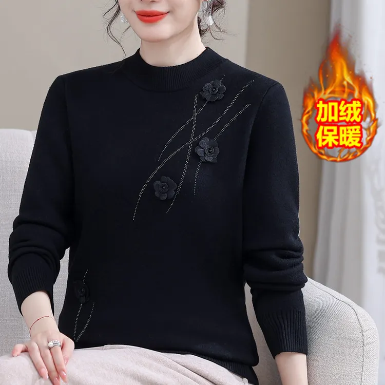 妈妈装秋冬加绒加厚毛衣一体绒针织打底衫中老年宽松内搭保暖上衣