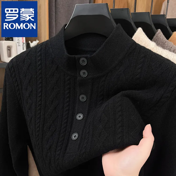 罗蒙100%绵羊毛男士新款打底衫秋冬半高领加厚毛衣保暖商务针织衫