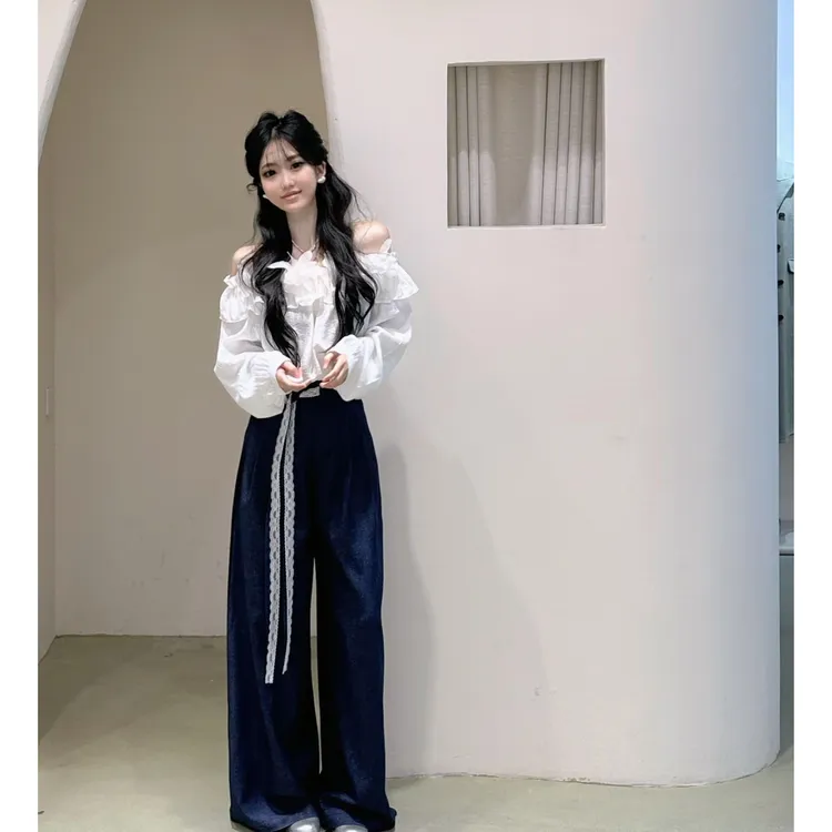 2025早春新款法式度假风花瓣一字肩衬衫小衫高腰休闲裤子两件套女