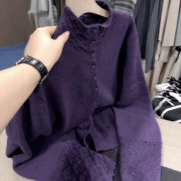 大码女装紫色高领长袖针织开衫冬季胖mm巨显瘦内搭打底叠穿小上衣