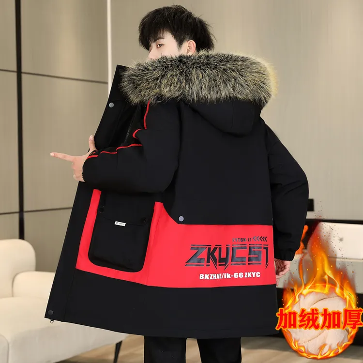 中长款连帽夹克男士加绒风衣秋冬季青少年加厚款外套保暖棉服上衣