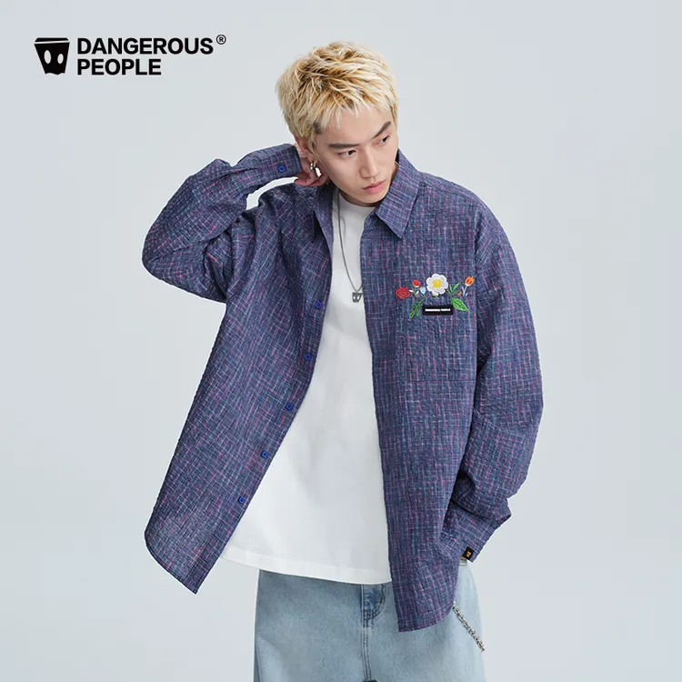 Dangerouspeople薛之谦dsp小花刺绣格子格纹长袖衬衫潮牌百搭外套