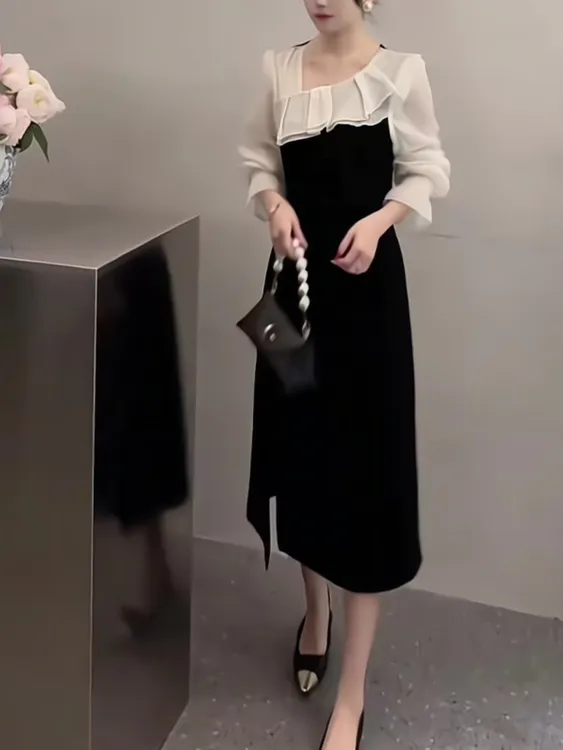 法式高级感显瘦圆领连衣裙女秋季新款小众设计感减龄气质拼接裙子