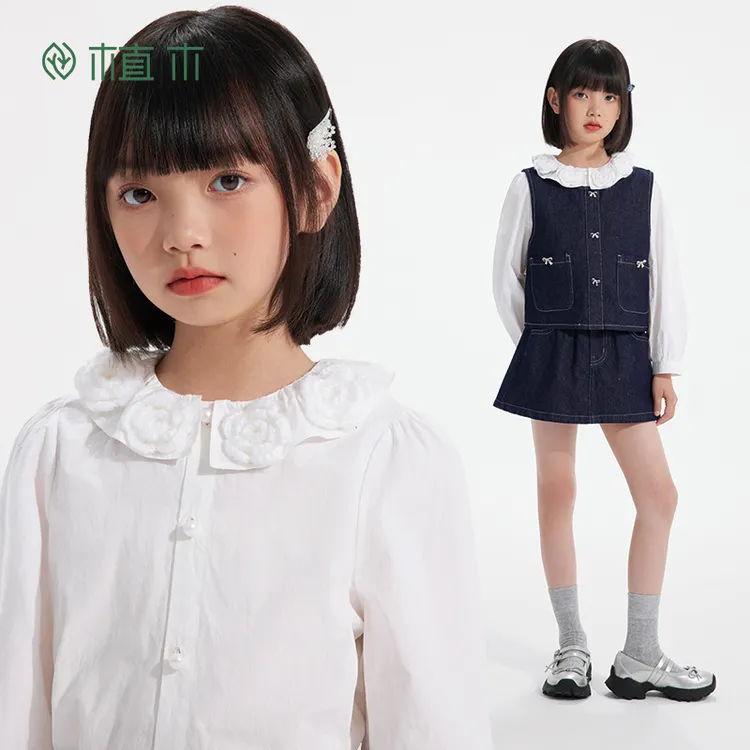 植木童装女童衬衫2025秋新款中大童洋气法式儿童白衬衫