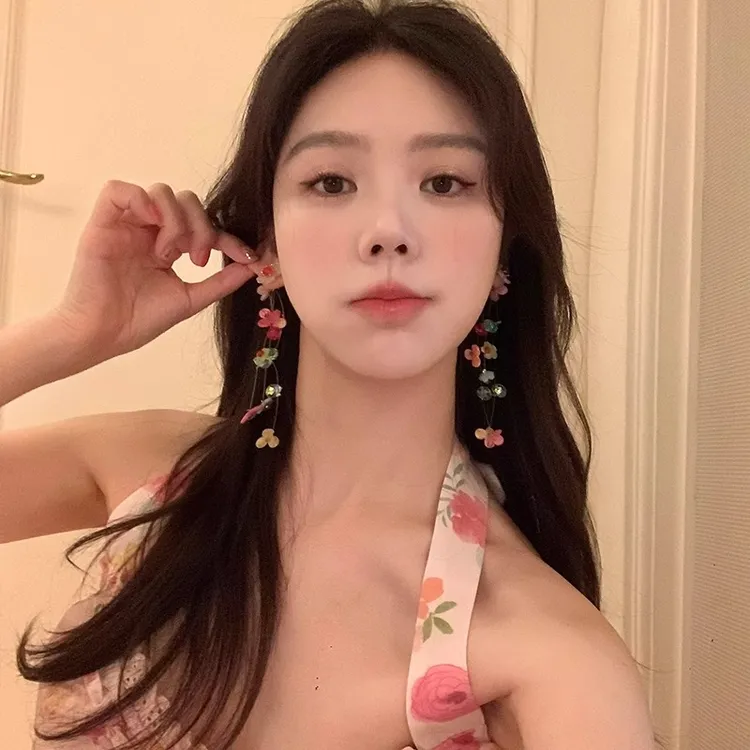合金树脂耳饰 彩色花朵流苏耳钉耳夹2025新款配饰无耳洞耳环耳饰