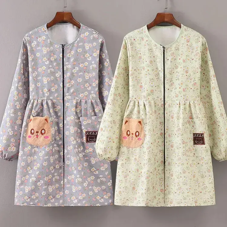 韩版围裙长袖帆布耐磨防污工作上班正穿拉链罩衣新款洋气厨房家用