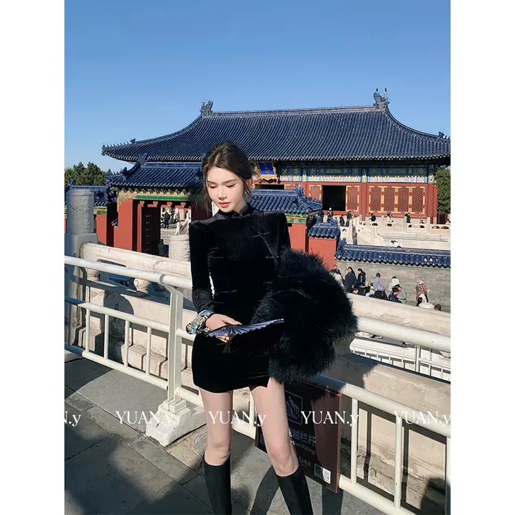 媛媛【空折枝】新中式旗袍女秋冬新款气质收腰显瘦长袖连衣裙#Q1371