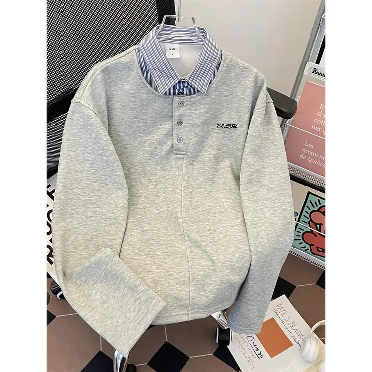 【TQUX官方正品】条纹翻领拼接假两件品质卫衣男春秋季无帽高级感