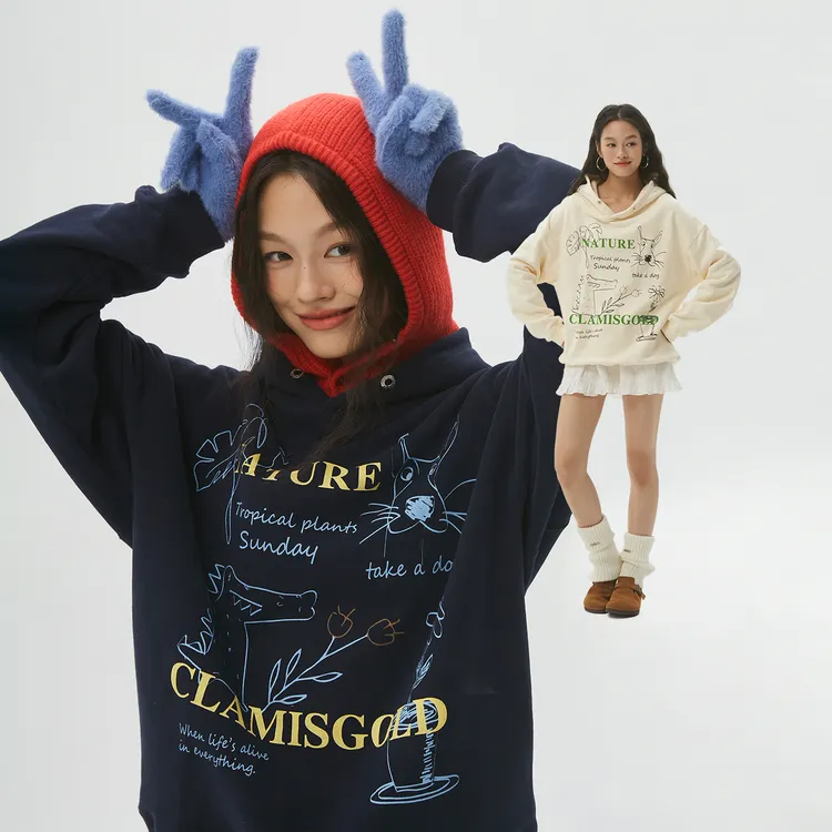 CASD•Clamisgold 植物系花卉动物涂鸦*趣味加绒宽松连帽卫衣男女