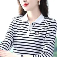 春秋季新款时尚洋气条纹翻领休闲减龄修身显瘦百搭女士上衣
