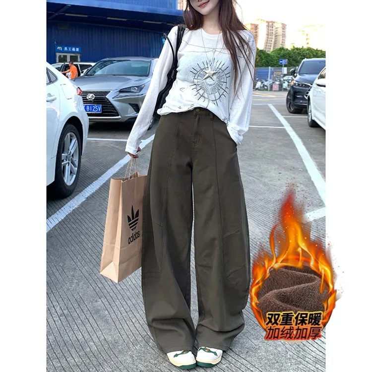 美式复古加绒弯刀阔腿裤女2025年冬季新款高腰宽松显瘦拖地长裤