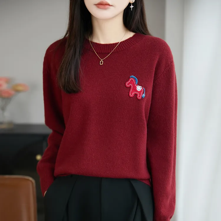品牌撤柜女装正品女士毛针织衫纯色圆领卡通马时尚打底衫百搭毛衣