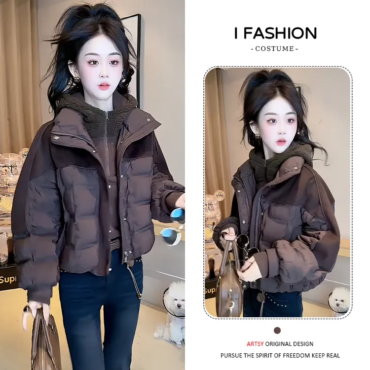 加厚时尚拼接设计感显瘦棉服女2025年冬季新款小个子夹棉保暖棉衣