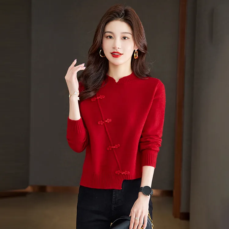 哥弟阿玛施正品纯色纽扣圆领针织衫秋季新款洋气拼接时尚气质上衣