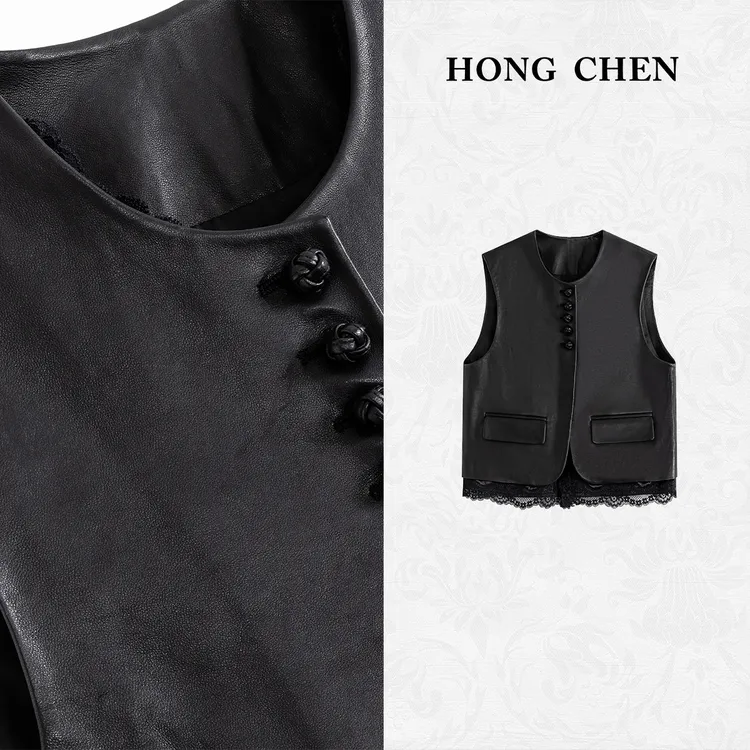 【虹辰·进口羊皮马夹】高端气质蕾丝高级感时尚优雅百搭休闲-HC1577