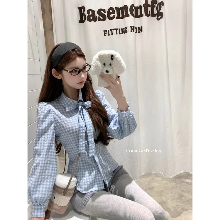 梨绘小川 春季新款蓝格子显瘦系带衬衫女收腰显瘦长袖百搭上衣