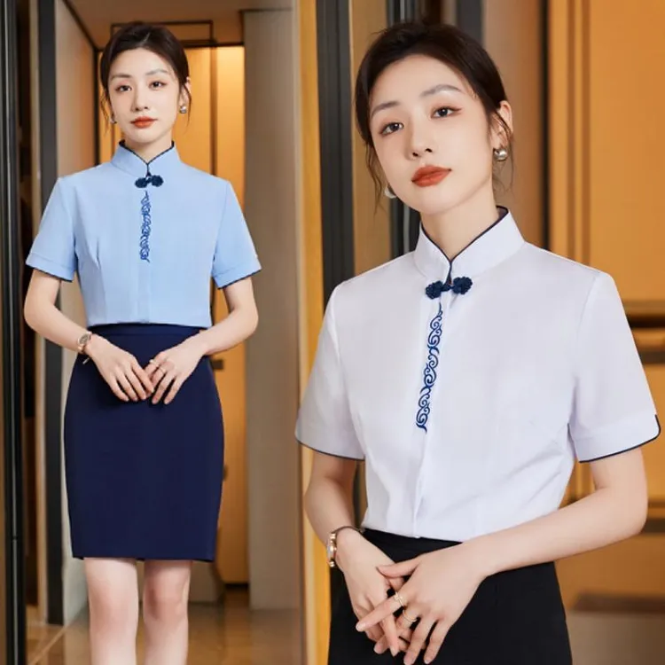 新中式短袖衬衫女职业气质酒店高级餐饮服务员工作服前厅接待工装