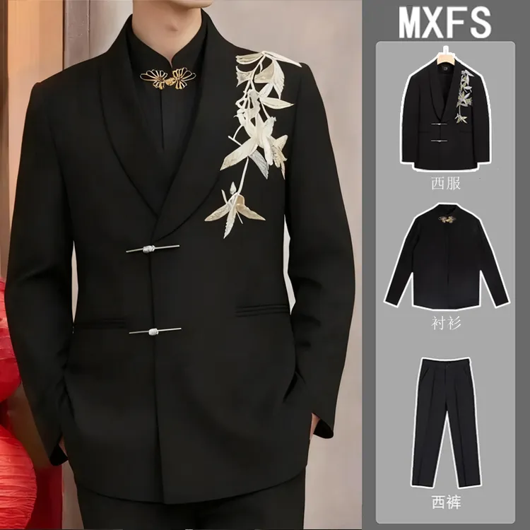 2025新款结婚西服订婚西装套装国风唐装新中式高端男装新郎婚礼服