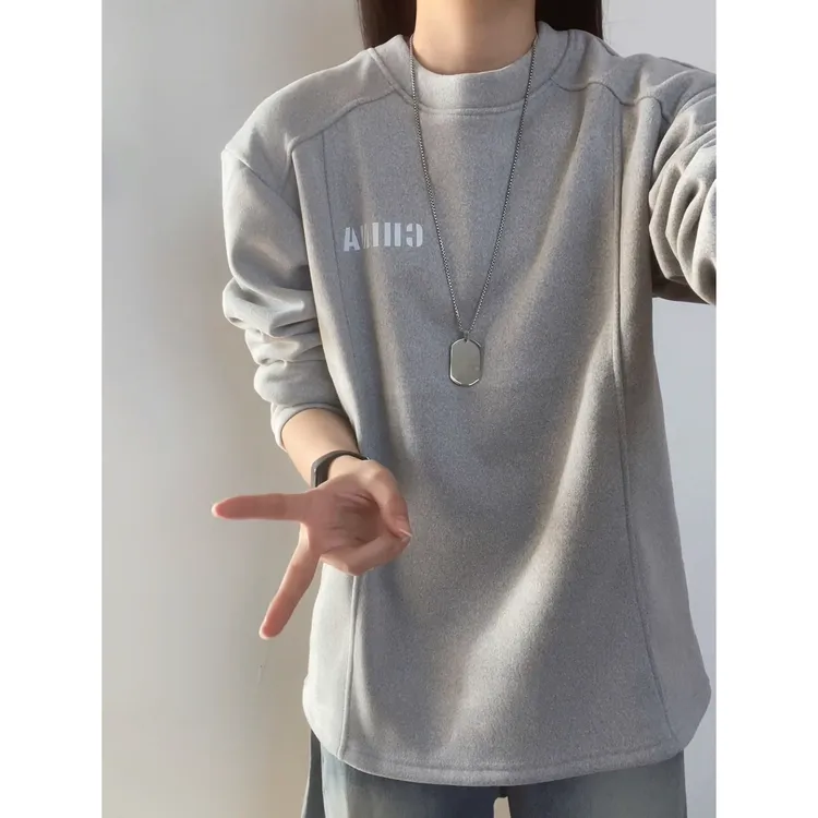 美式解构拼接德绒内搭打底衫男秋冬加绒加厚保暖正肩卫衣长袖t恤