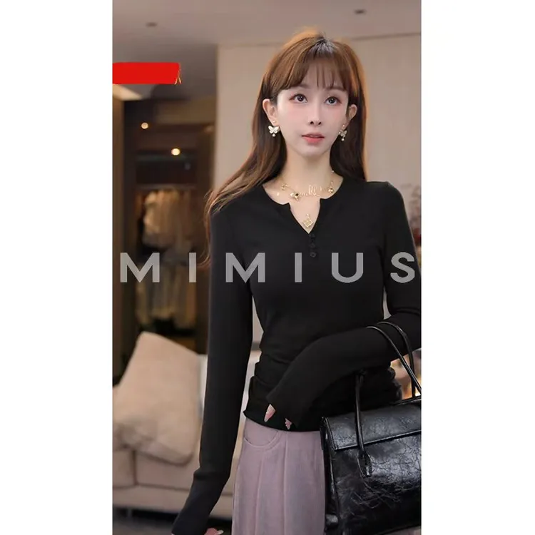 【mimius】P 天鹅颈 加厚绒V领纽扣长袖打底上衣 G10090