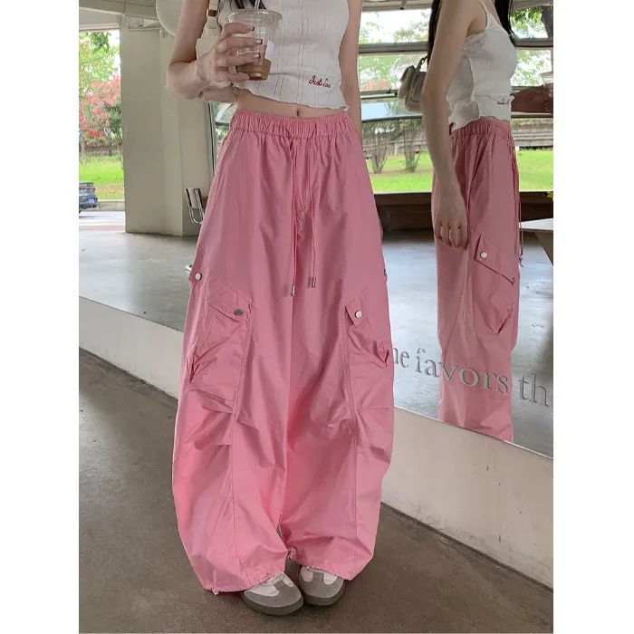 美式复古设计感小众纯色抽绳休闲裤女夏季显瘦百搭绑带阔腿裤长裤