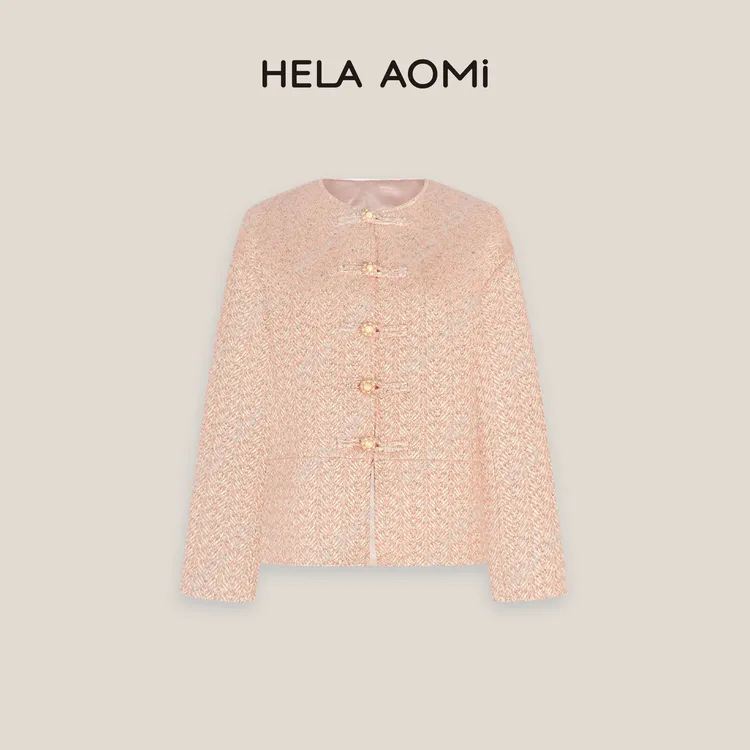 HELA AOMI“粉漾梦境”绵羊毛52.2%圆领中式盘扣大衣CY5DC02759
