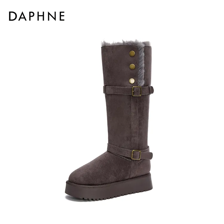 达芙妮新款时尚厚底增高翻折两穿加绒加厚女靴舒适保暖长筒雪地靴
