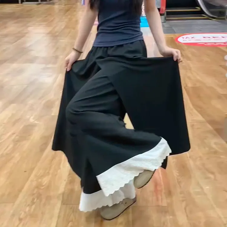 蕾丝拼接阔腿裙裤女2025秋季高腰设计感假两件屁帘a字直筒休闲裤