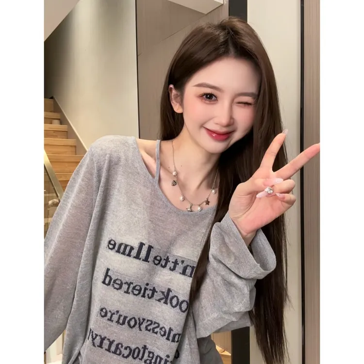 韩版慵懒休闲字母印花罩衫T恤女夏季新款超好看薄款长袖防晒上衣