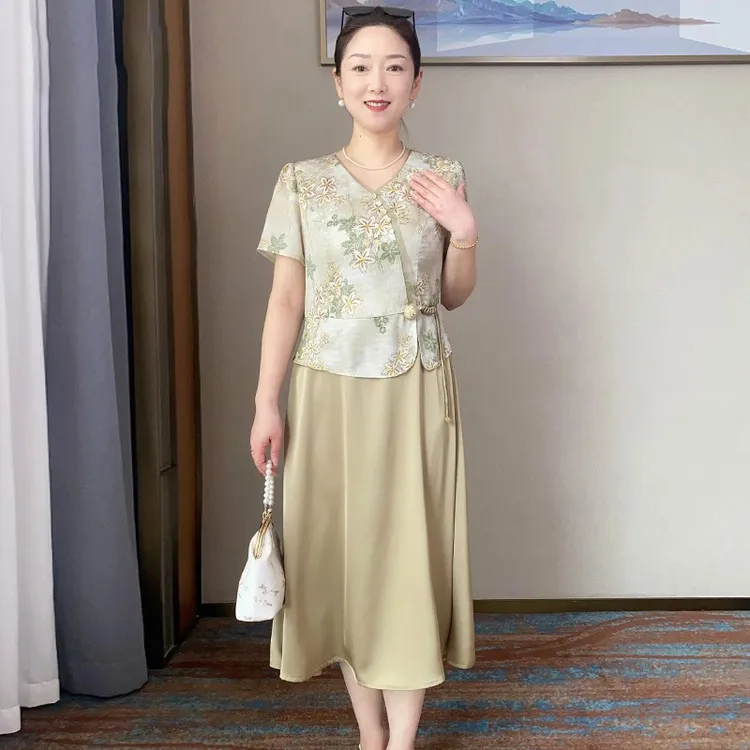母亲节礼物妈妈装新中式假两件连衣裙夏季新款中年女短袖提花长裙