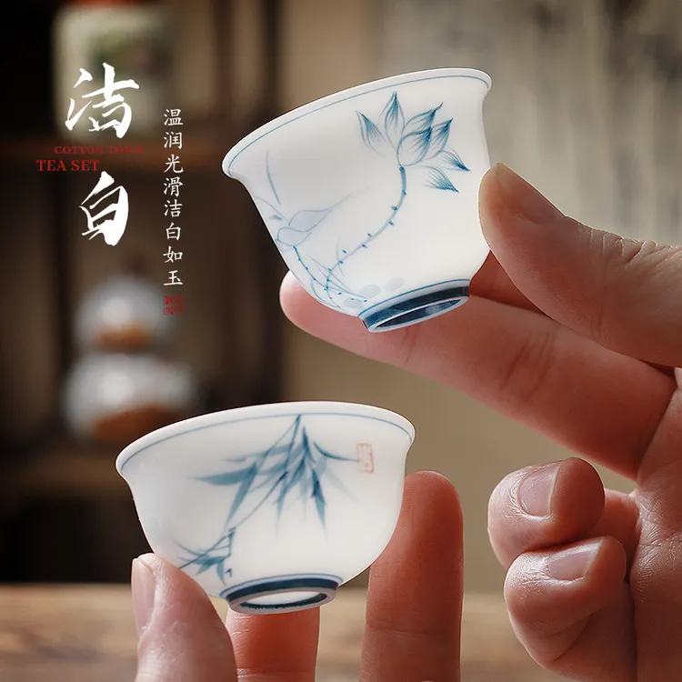 棉小城高温雪白瓷手工彩绘茶杯美人杯荷花功夫茶具家用会客品茗杯