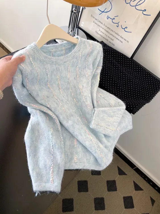 韩系软糯圆领蓝色针织毛衣女秋冬新款漂亮减龄内搭打底超好看上衣