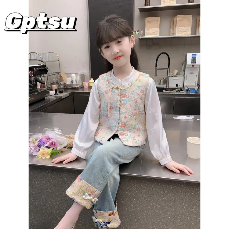 GPTSu2025秋季服装儿童西式民族风格中式套装春秋女孩古风三件套