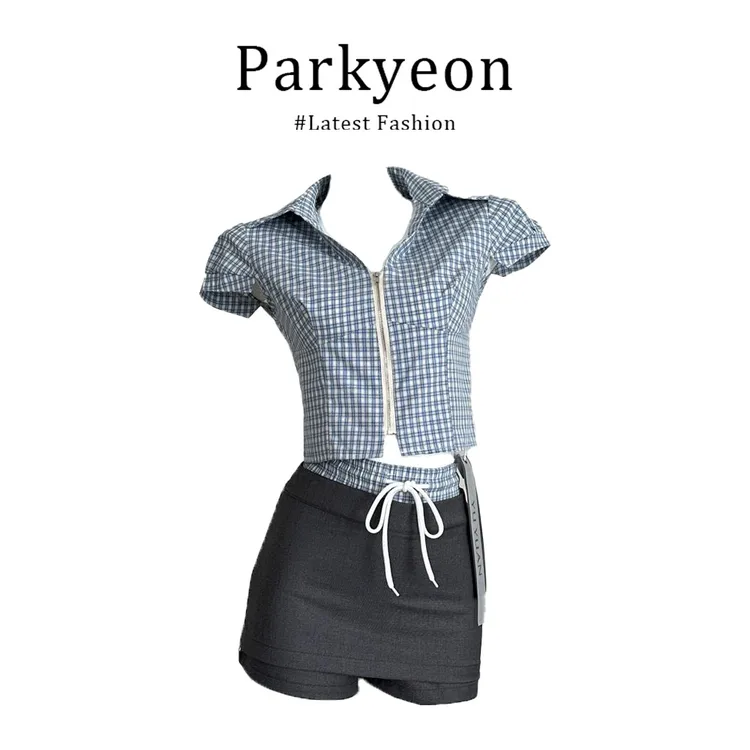 parkyeon美式辣妹风v领格子短袖衬衫上衣修身百搭高腰裤裙两件套