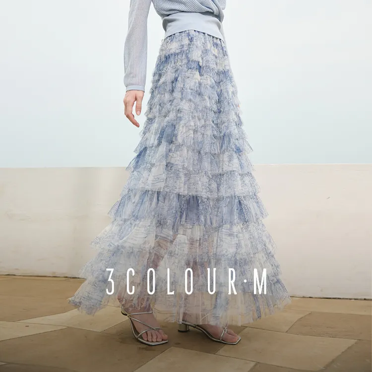 三彩2025夏季新款网纱半身裙松紧腰A字裙蛋糕长裙梦幻浪漫M