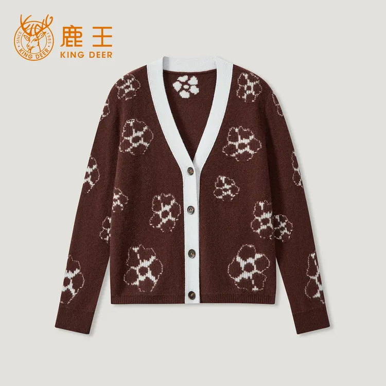 King Deer/鹿王新款女式时尚白带休闲V领羊绒衫L805589