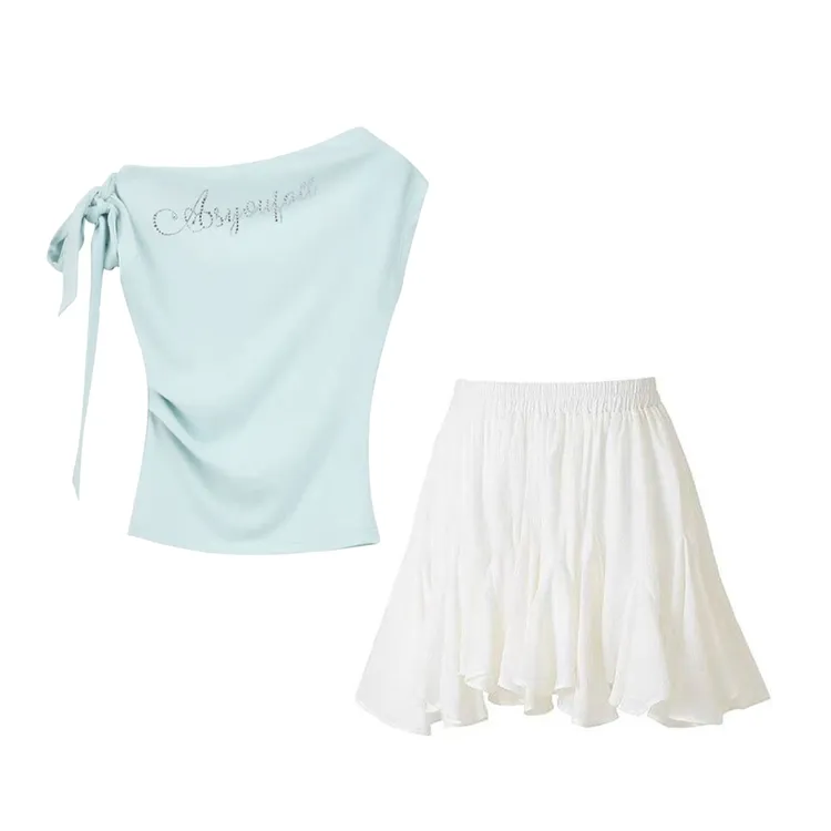 清纯系夏日穿搭一整套斜肩露肩修身短袖花苞裙短裙套装女夏季新款
