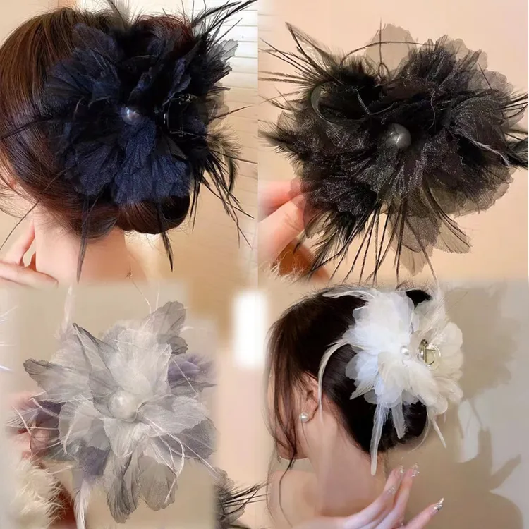 网纱羽毛蝴蝶结抓夹公主头发夹女后脑勺大号鲨鱼夹超仙发饰高级感