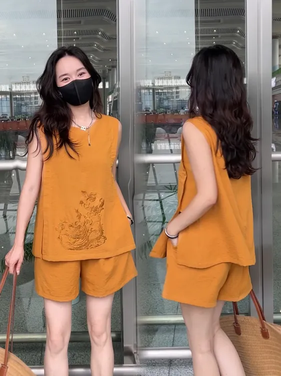 重工刺绣新中式轻职风通勤时尚套装百搭复古上衣慵懒风夏季