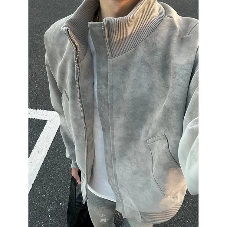 灰色扎染立领pu皮衣外套男秋季短款棒球服cleanfit美式飞行员夹克