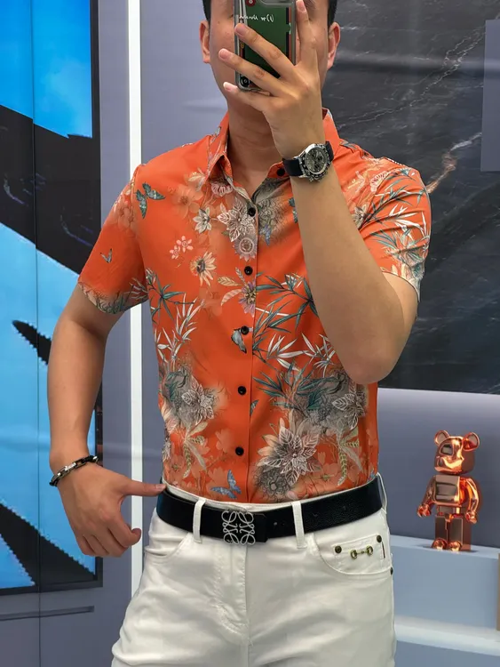 25夏季（轩诚）蝴蝶印花时尚个性百搭潮流男款弹力三色短袖衬衫