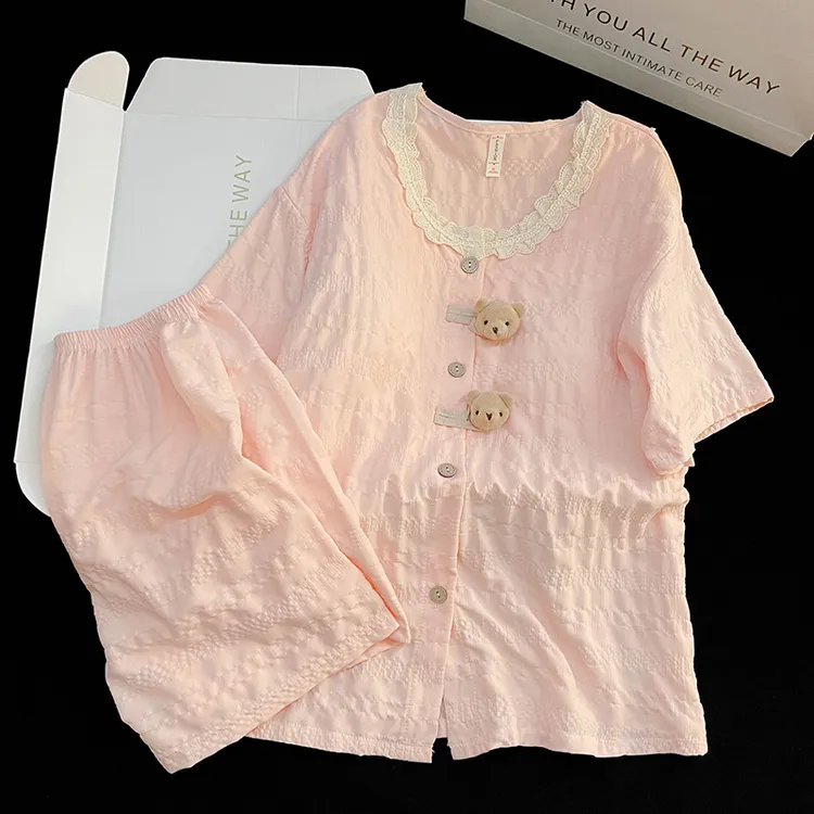 睡衣女夏季短袖短裤带胸垫公主风开衫云朵棉学生可外穿家居服套装