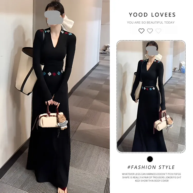 2025春秋新款韩系穿搭v领长袖烫钻印花上衣半身裙子显瘦两件套女