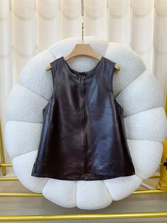 网红同款真皮马甲女春秋新款简约时髦圆领百搭无袖背心