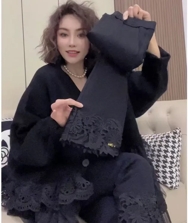 拼接蕾丝花边修身高腰休闲九分裤显瘦烟管裤