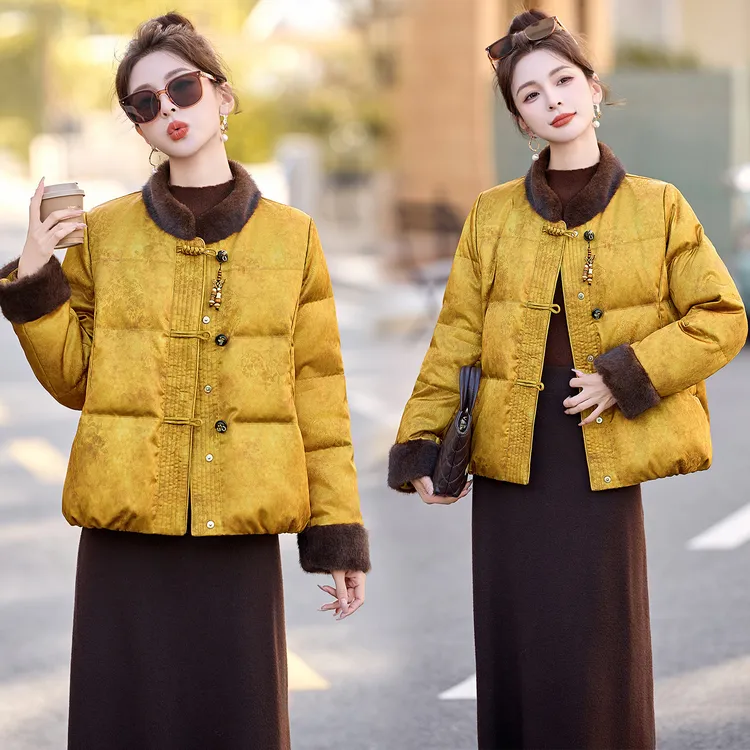 新中式国风盘扣提花羽绒服女2025冬季新款复古气质白鸭绒短款外套