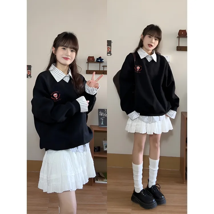 早秋新款撞色格纹假两件外套松弛感美式复古学院风刺绣长袖卫衣