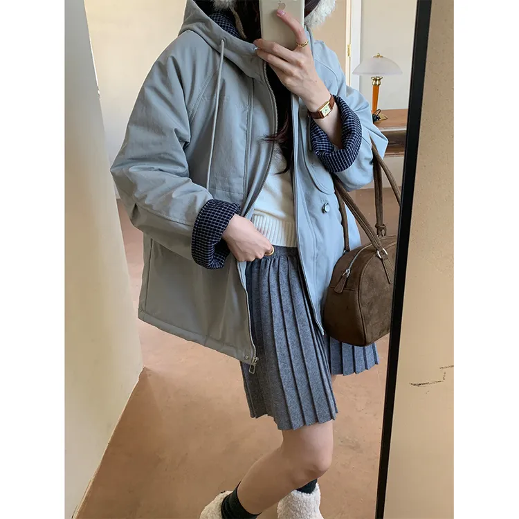 韩系撞色加厚连帽棉服棉衣外套女冬季保暖派克工装加绒大衣